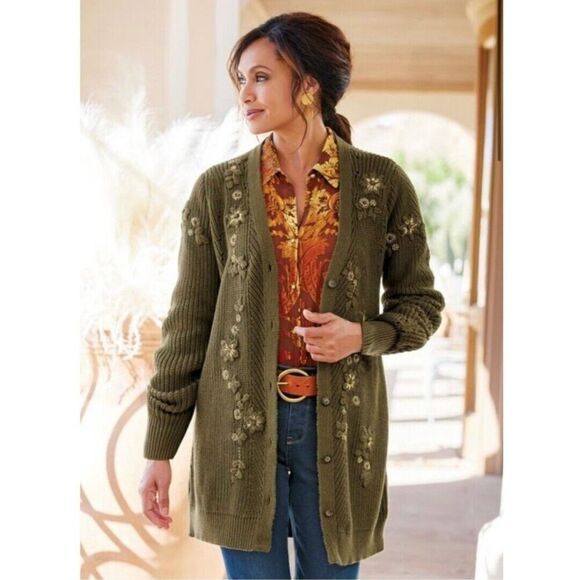 SOFT SURROUNDINGS Green Knit Embroidered Beaded Long Cardigan Sweater Medium - Picture 1 of 9